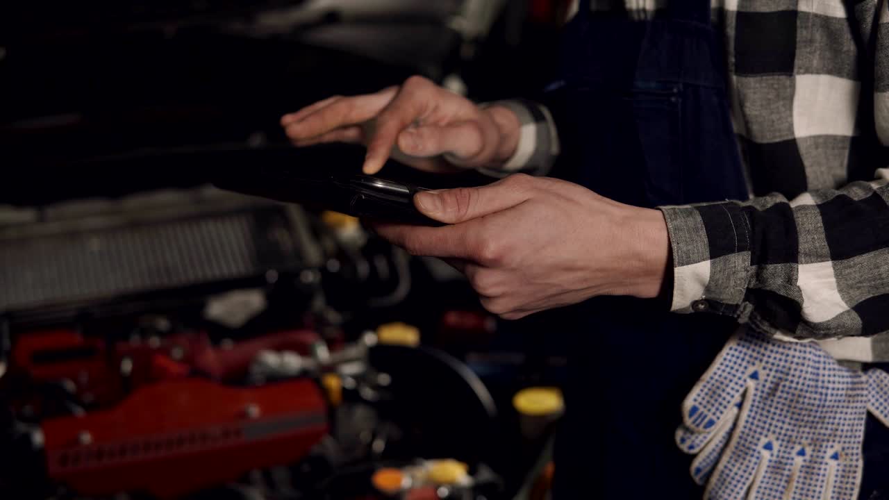 imágenes cercanas en cámara lenta de un técnico de servicio de automóviles que usa una tableta digital para examinar los problemas del vehículo. reparación de automóviles, mantenimiento, concepto de personas.