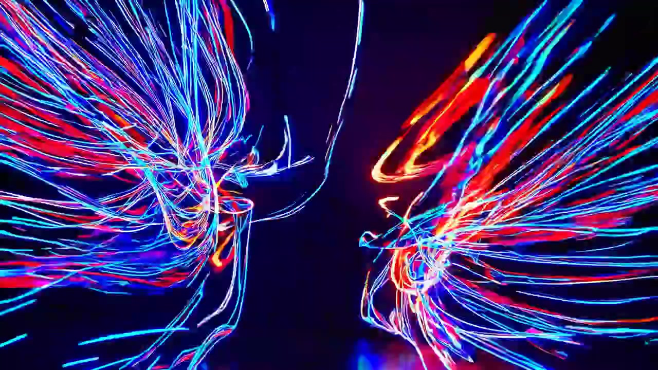Abstract Neon Light Trails Flowing and Interacting on Dark Background