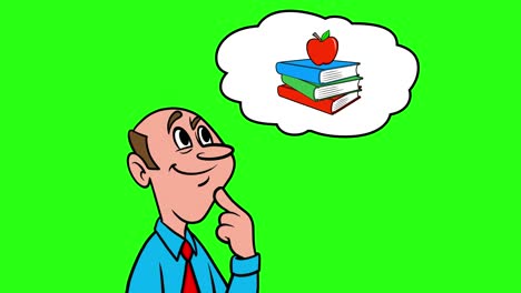 hombre pensando en libros escolares - animación 4k con fondo verde.