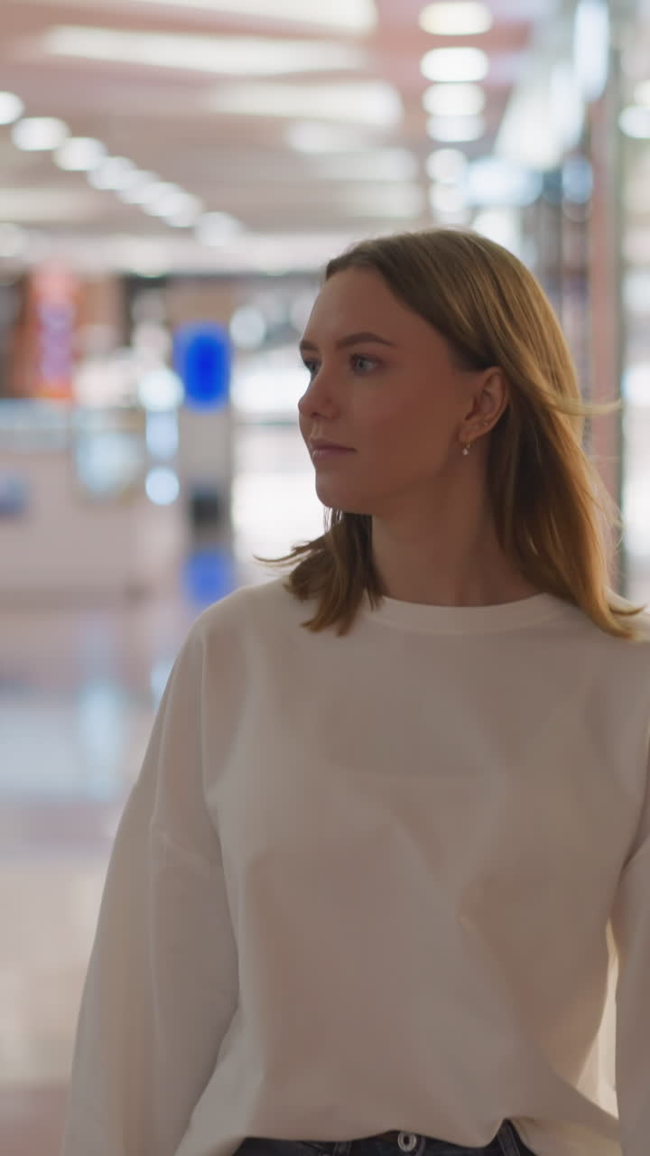 화이트 을 입은 쇼핑몰을 걸어다니는 쇼핑객이 다채로운 불빛과 흐릿한 유리 배경으로 주변을 둘러보며 캐주얼하고 현대적인 소매 환경을 포착합니다.