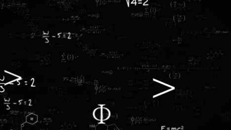 animación de ecuaciones matemáticas, fórmulas y símbolos flotando contra un fondo negro