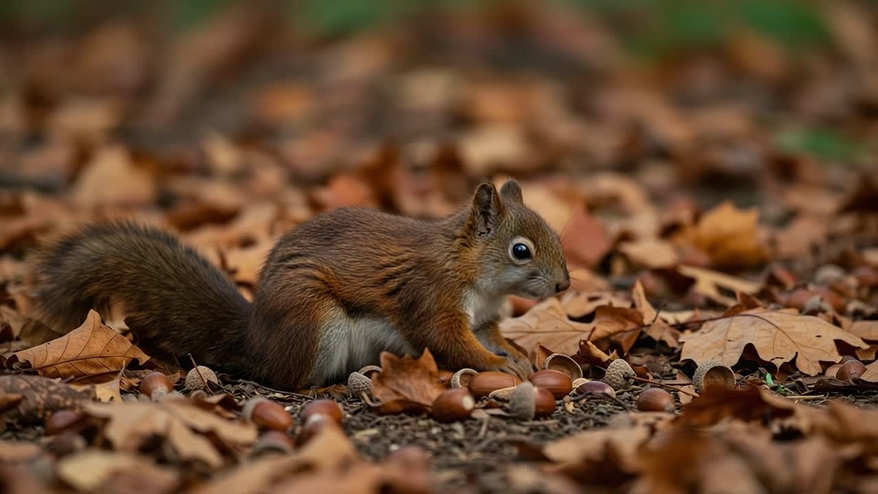 Et hurtigt billede af et egern, der samler agern blandt efterårsblade i en naturlig setting, der viser dets legesyge natur og pelsede hale