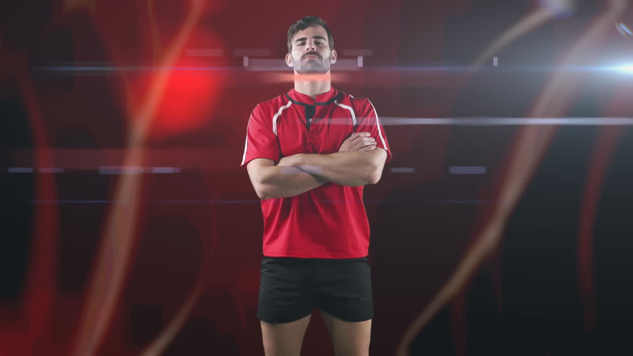 빨간색 배경에 반이는 빛의 흔적 위에 팔을 고 서 있는 럭비 선수의 애니메이션