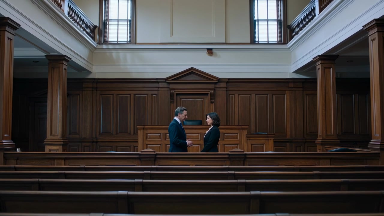 Uomo in abiti da lavoro che parla e gesticola, ascoltando in aula di tribunale vicino al banco del giudice mentre prepara il caso.