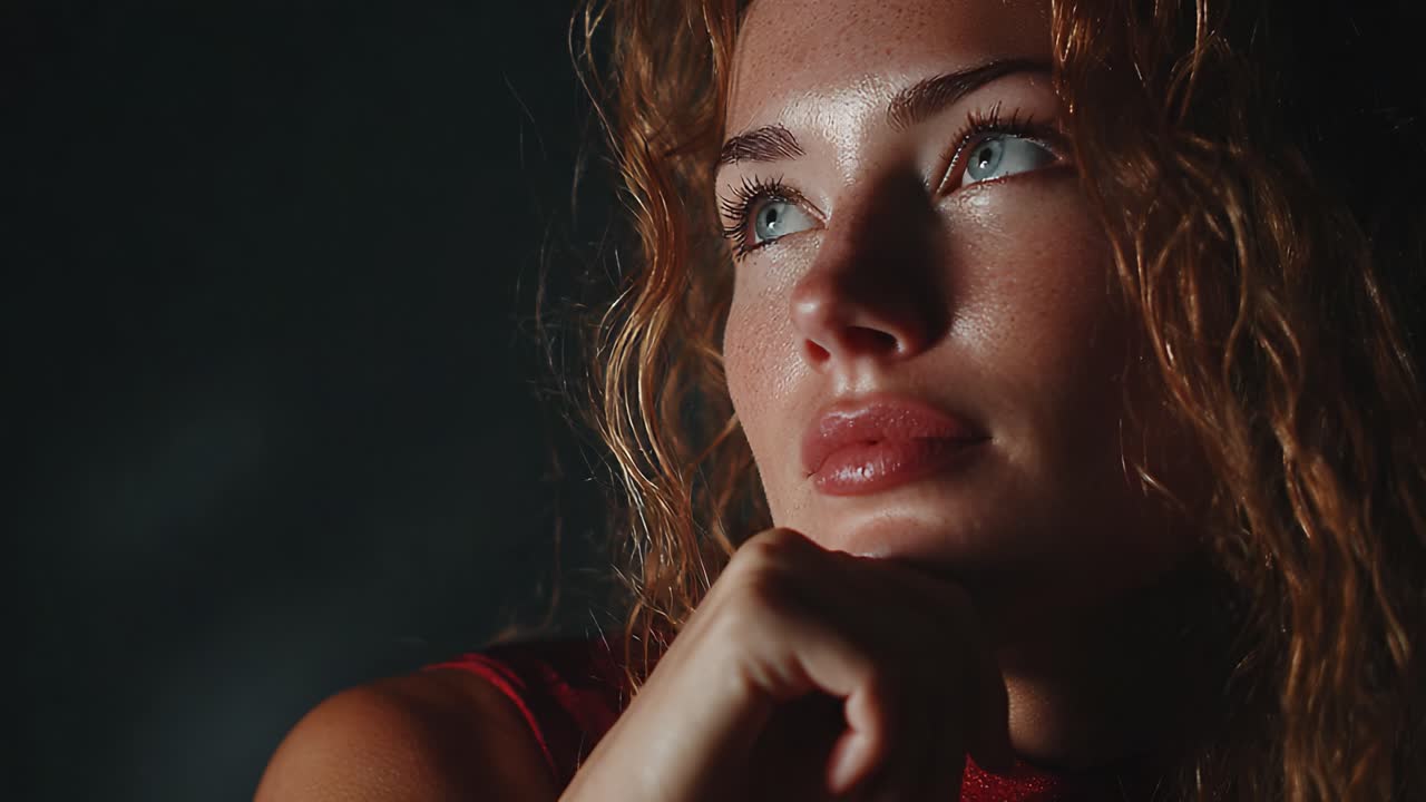 A Captivating Moment: Reflection and Introspection in Soft Light Showcasing a Young Woman's Expression and Beauty with Detailed Features and Emotion