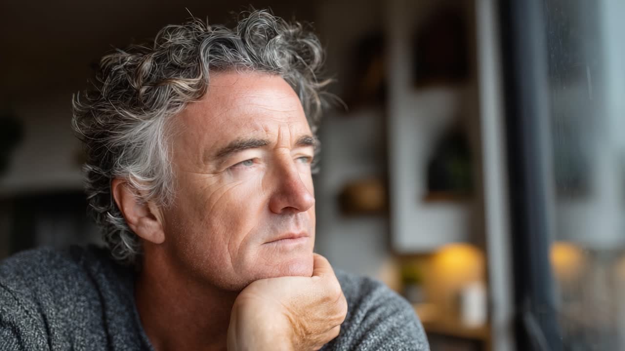 Un uomo pensieroso guarda fuori dalla finestra, perso nella contemplazione e nella riflessione, meditando sulla vita e sulla sua miriade di esperienze ed emozioni mentre siede alla calda luce del mattino.