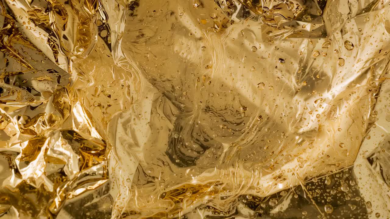 Shining strobe causing crumpled gold foil shifting drops, bubbles, glints on set, showing texture