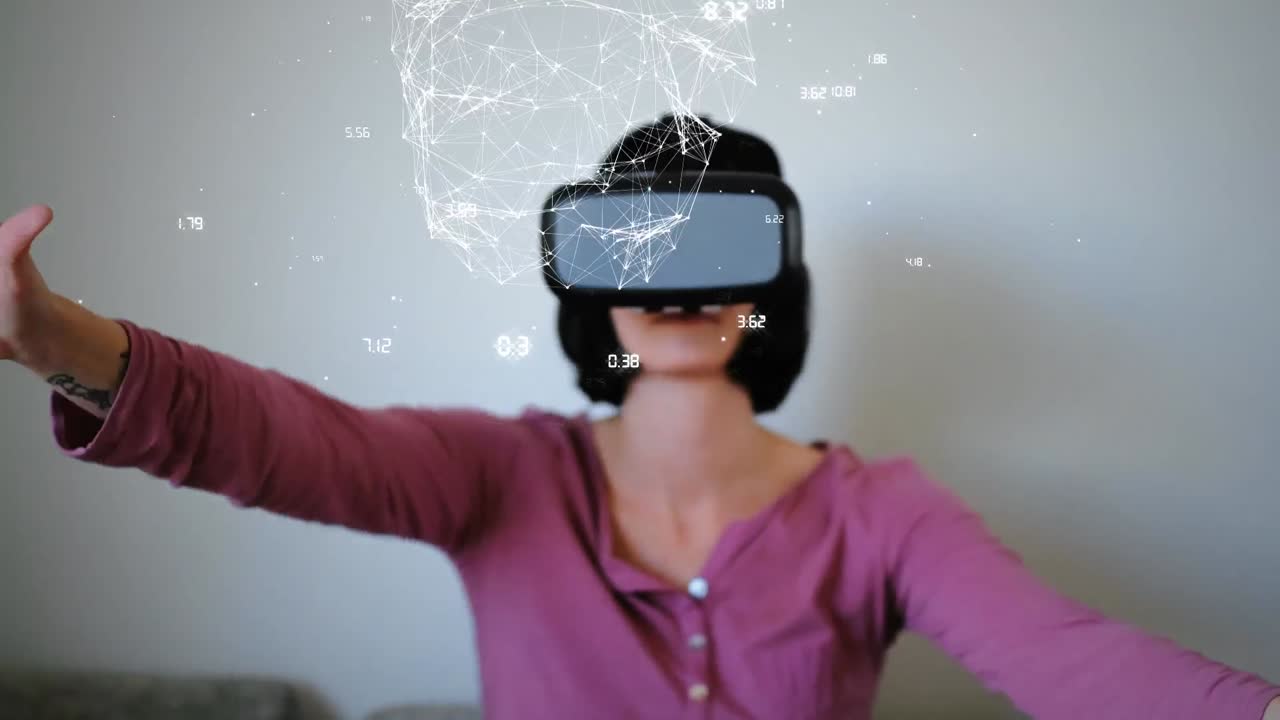 animazione di forma con numeri su donna d'affari caucasica usando auricolari vr