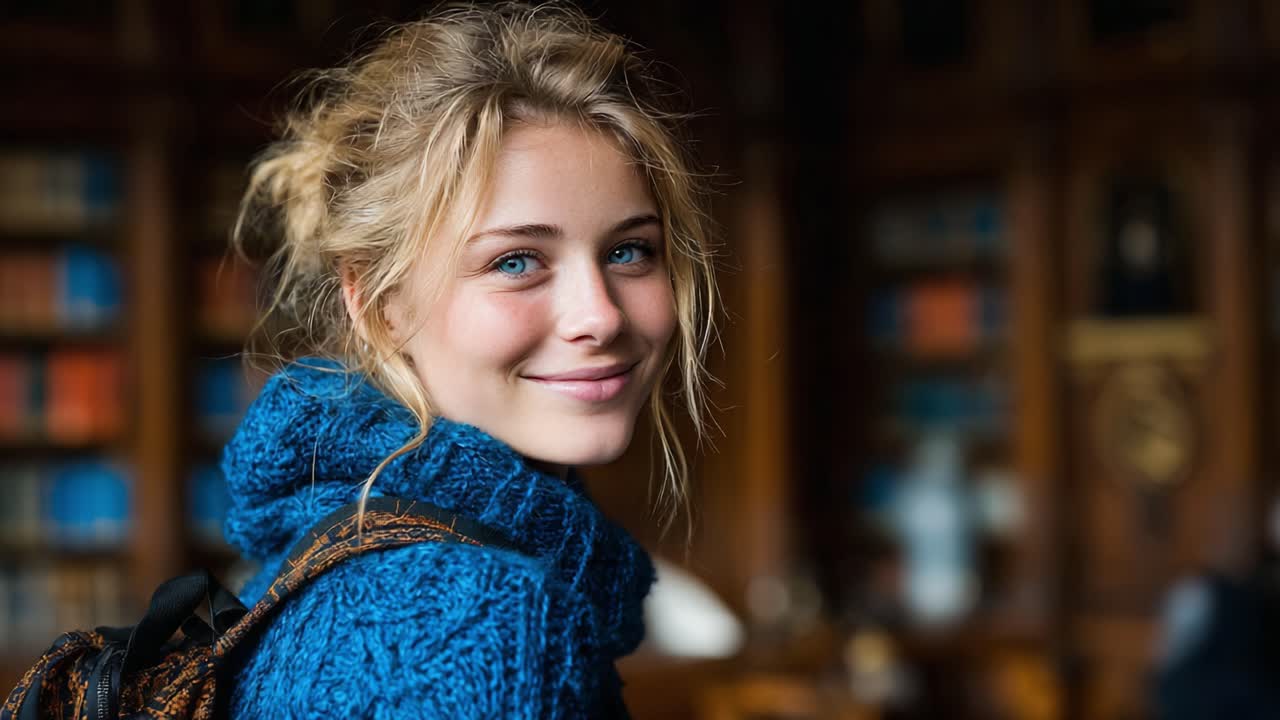 En smilende, ung kvinde i en blød sweater poserer glad i et rum fyldt med bøger og udstråler glæde og varme med sine klare, blå øjne og afslappede charme
