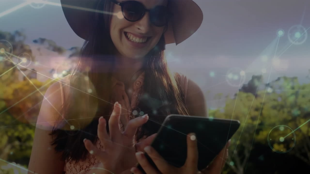 animación de conexiones sobre mujer caucásica usando tableta