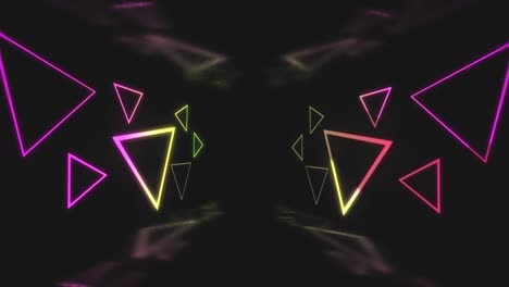 Animation-of-pink-and-yellow-neon-light-triangles-flickering-on-black-background