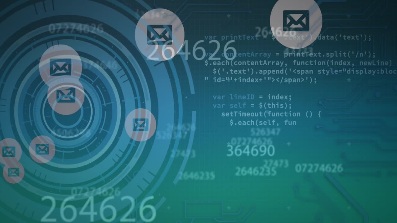 Animation of computer language with message icons and scanning circles on blue background