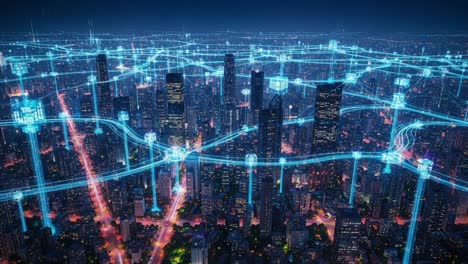 a stunning aerial view of a digital cityscape illuminated by network lines representing data connections and urban infrastructure in a futuristic setting