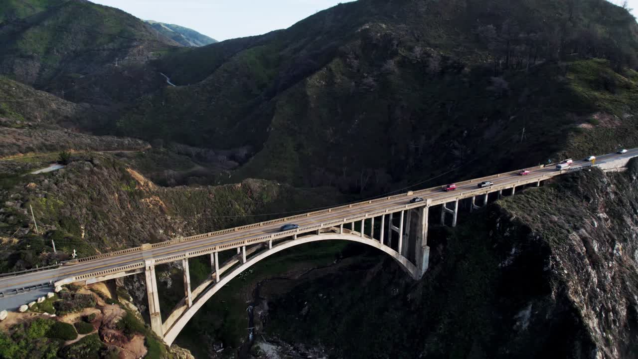 Bixby Bridge Rocky Creek Bridge in Big Sur California via Drone at Sunset