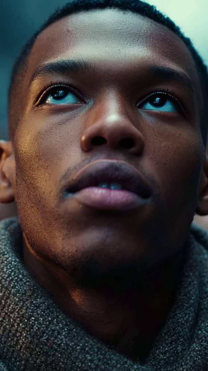 A contemplative moment captured, featuring a young man gazing upward with an expression of deep thought, framed by soft lighting and warm tones