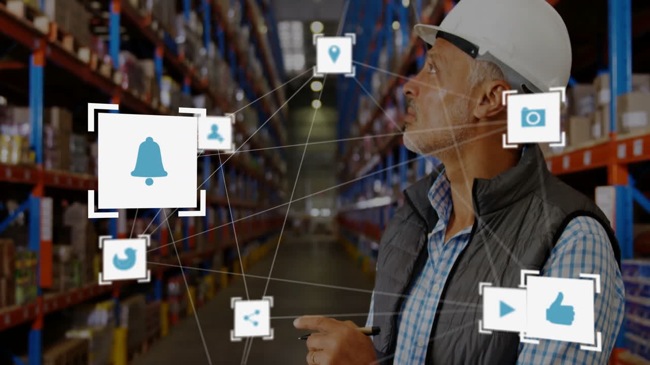 In warehouse, man interacting with animation of digital icons and network connections