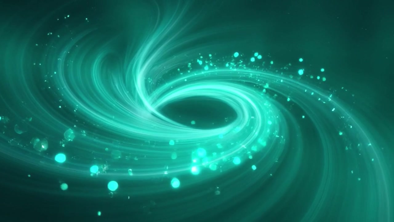 抽象動態背景，帶有旋轉的青綠色光粒子。