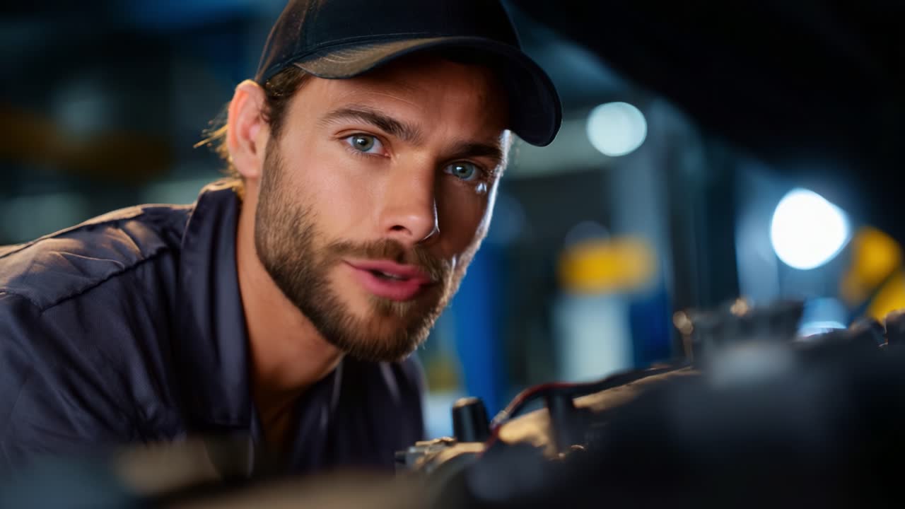Een ervaren monteur toont expertise terwijl hij in een goed verlichte garage aan een voertuig werkt, waarbij hij vastberadenheid en focus laat zien bij de reparatie van auto's