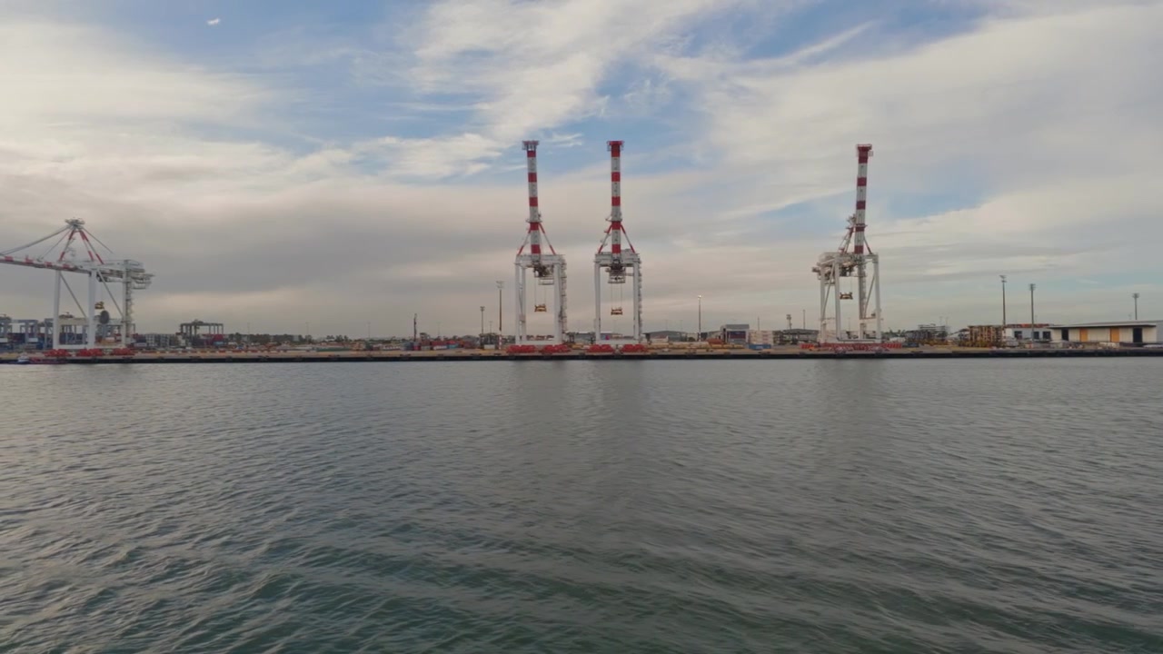 Large cranes stand tall against a cloudy sky. Water ripples gently beneath the industrial skyline. Dockside activity continues quietly, unbothered by passing ships. Ideal for maritime or trade visuals