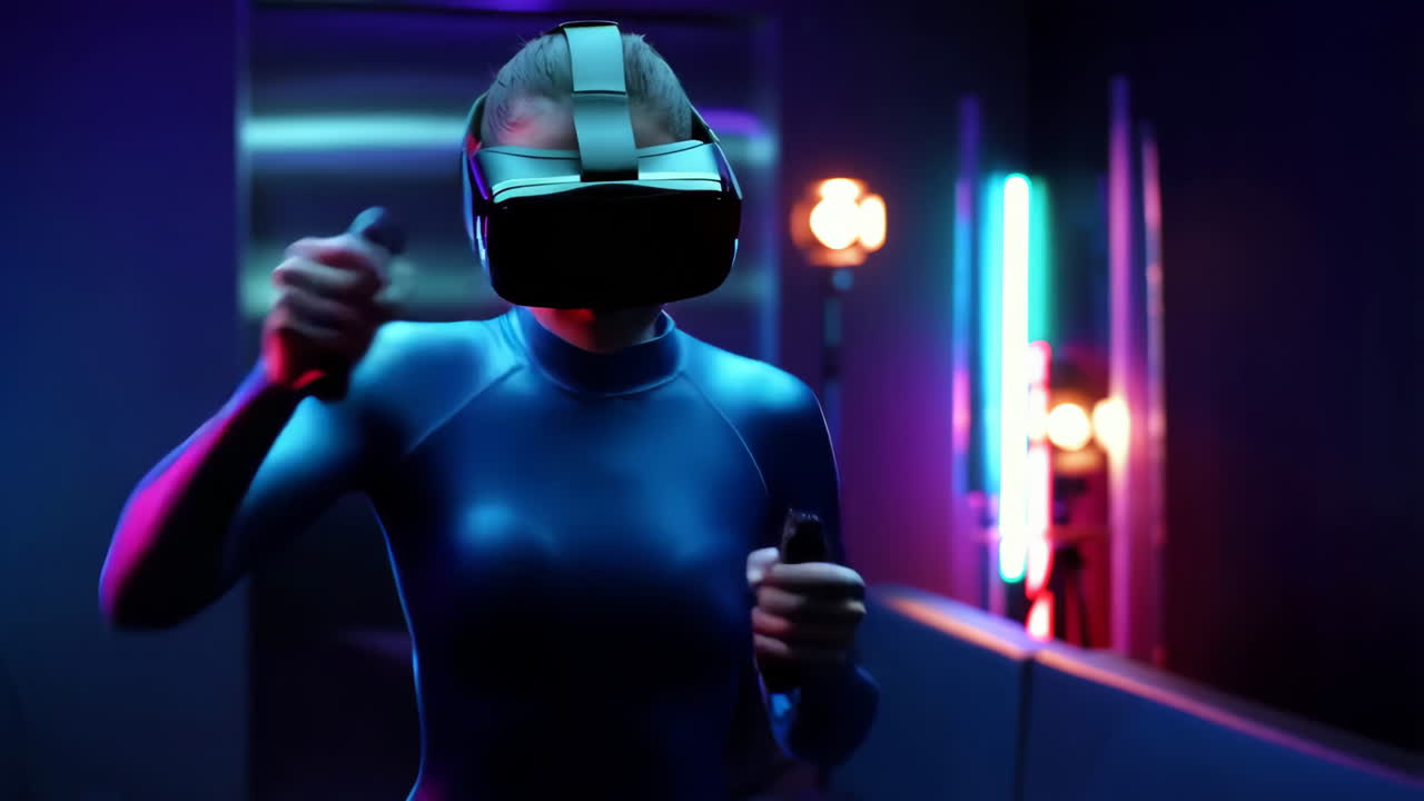 Woman Immersed in Virtual Reality Gaming in a Neon-Lit Futuristic Setting