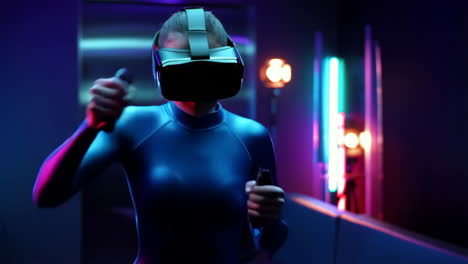 woman immersed in virtual reality gaming in a neon-lit futuristic setting