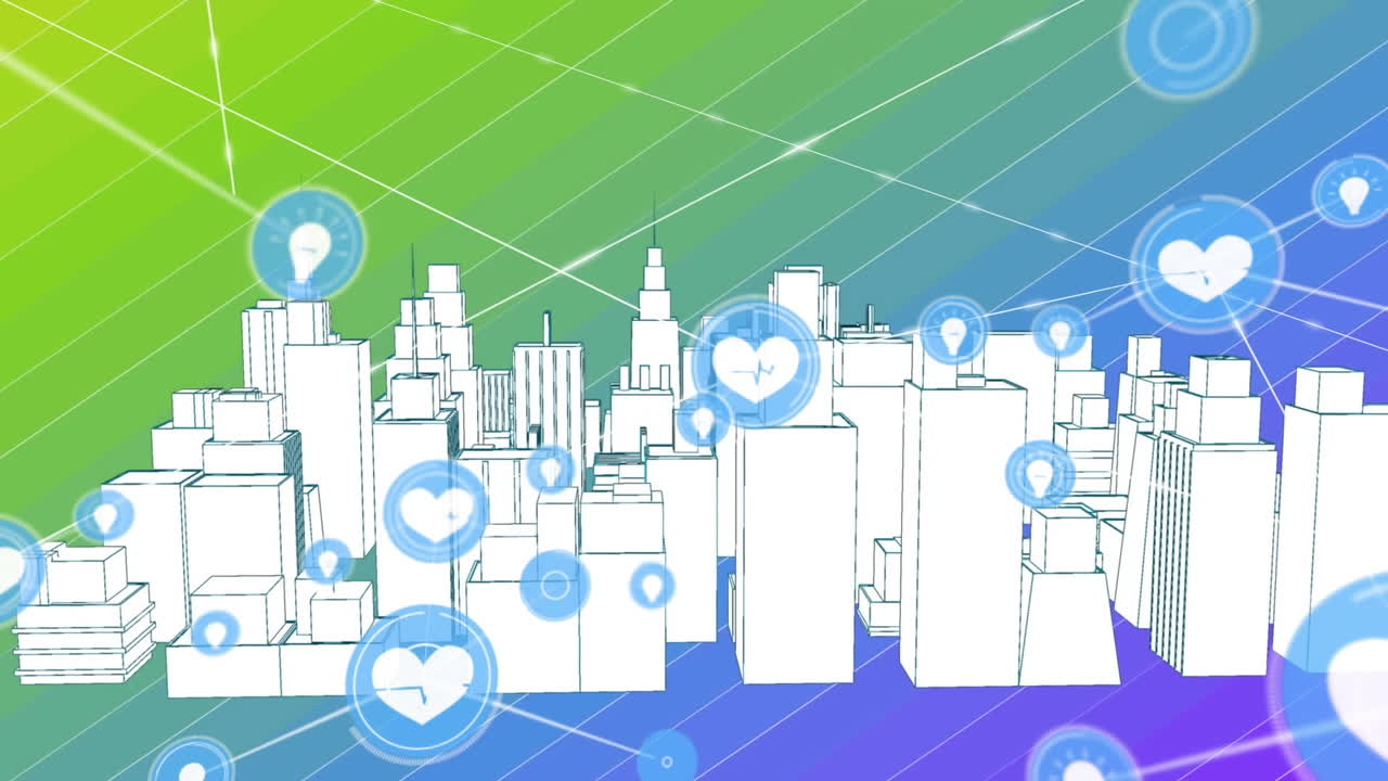 도시 풍경 위의 아이콘으로 연결된 네트워크의 애니메이션