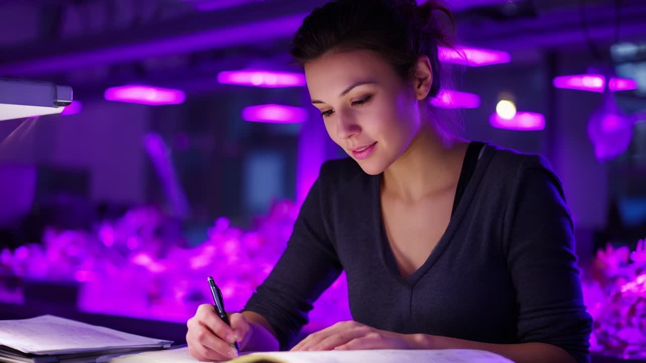 A Focused Individual Engaged in Writing Under Purple LED Grow Lights, Surrounded by Lush Greenery, Highlighting the Blend of Technology and Nature in a Contemporary Learning Environment