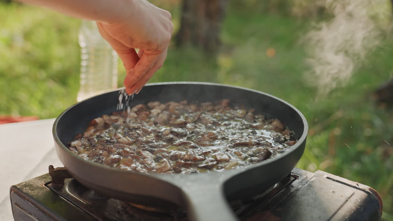 Padella da campeggio che sobbolle su fornello portatile in un campeggio erboso, stufato di funghi e carne ribollente, mano che sparge sale, vapore che sale accanto a una bottiglia d'olio, luce solare dorata, cuoco mattutino rilassato.