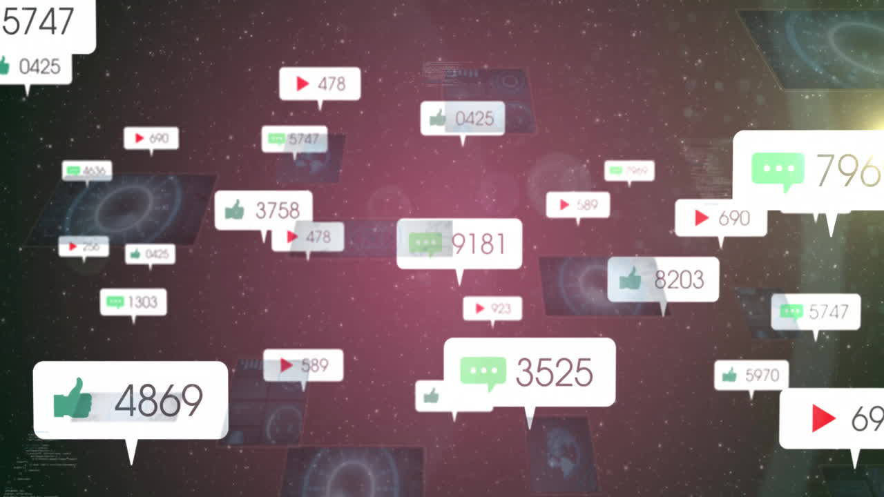 Floating social media engagement icons over starry background in animation