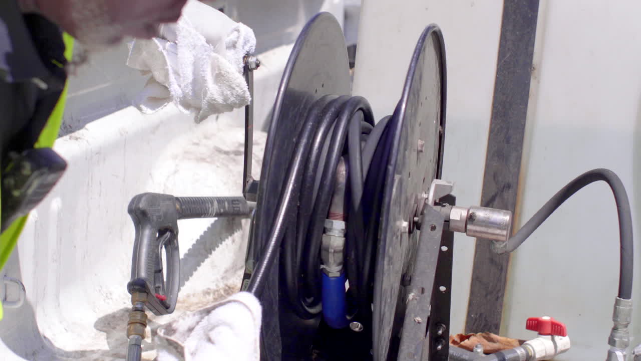 Person working with hose reel and pressure washer cleaning industrial equipment