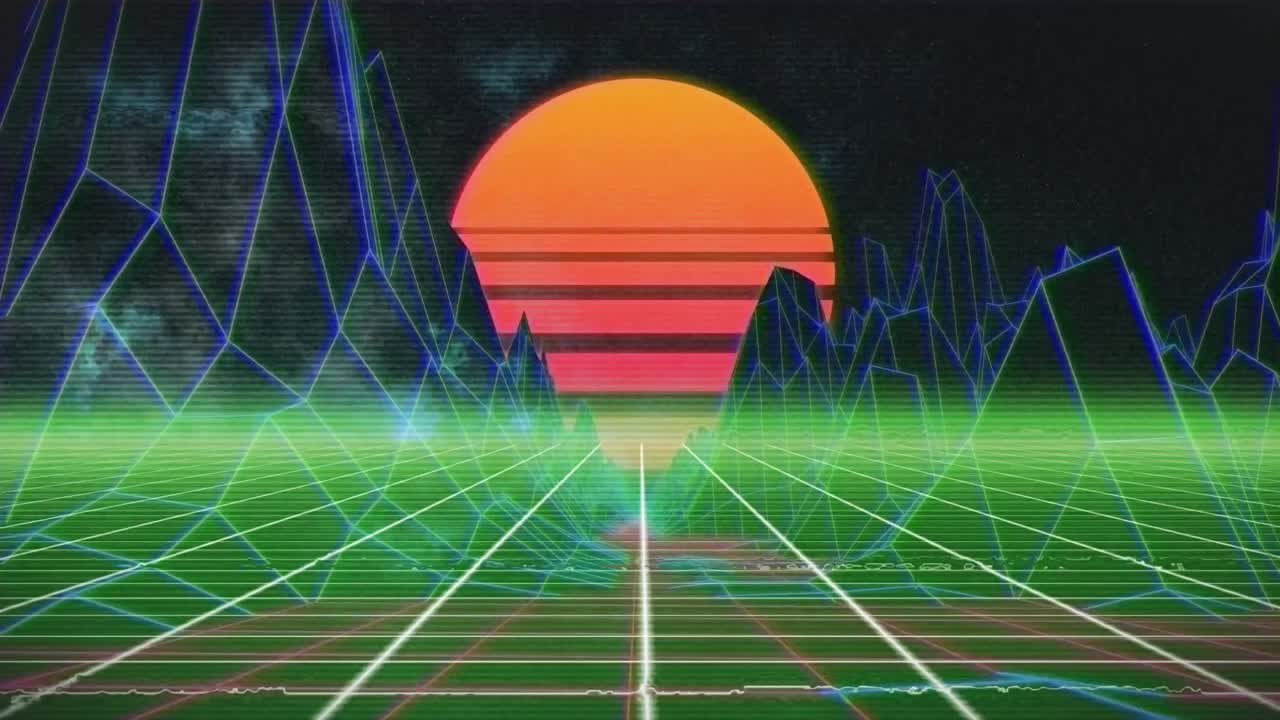 움직이는 다채로운 그리드 위에 다채로운 디지털 풍경의 애니메이션