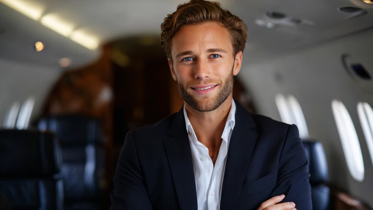 A Confident Young Professional in a Business Jet: Capturing the Essence of Luxury Travel and Modern Elegance, This Image Highlights a Groomed Individual Smiling with Charisma in an Upscale Aircraft Interior