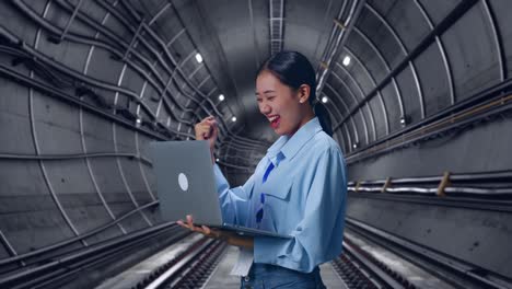 side view of asian female with her laptop in underground subway tunnel, she raises her fist up with screaming goal after typed on the laptop