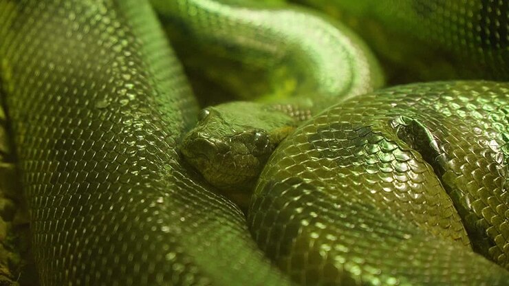 Schöne grüne Python ruht zusammengerollt, detaillierte Nahaufnahme.