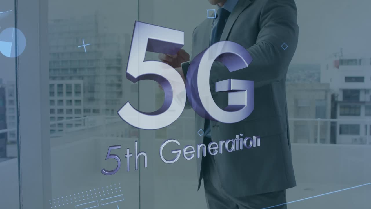 animazione di 5g 5a generazione di testo su uomo d'affari che controlla il tempo in background