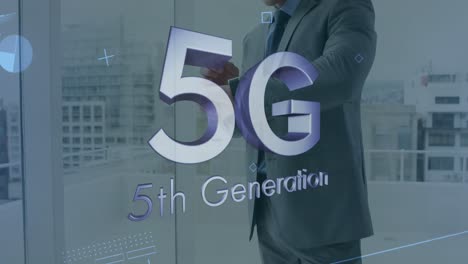 animation of 5g 5th generation text over businessman checking time in background