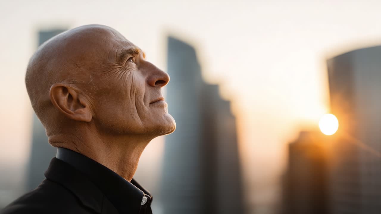 A Reflective Moment: An Individual Gazes Aspirationally Towards the Horizon at Sunset Amidst a City's Skyscrapers, Embodying Hope, Ambition, and Tranquility