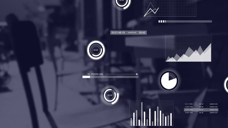 Animation of financial data processing over desk in office