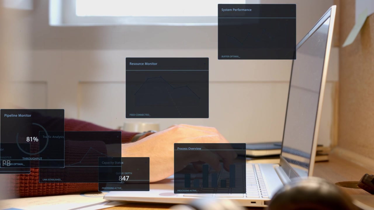 Mandlige hænder taster på en bærbar computer, HUD-paneler overlejres og udvides for at vise teknisk pipeline med 81% kapacitet, 847.