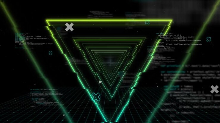 Animation of multiple glowing green triangles moving