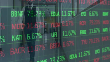 stock market data processing against caucasian businessman walking in office corridor