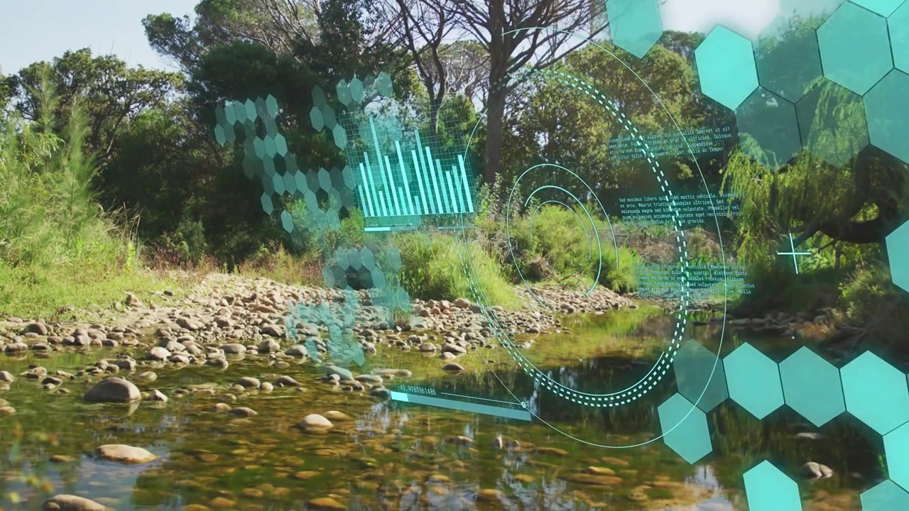 Ruisseau ensoleillé se reflétant, un affichage tête haute (HUD) sarcelle s'activant au chargement et cartographiant le flux pour la surveillance environnementale.