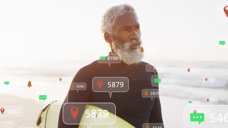 male surfer holding surfboard on sunlit beach featuring ar comment notification icons technology
