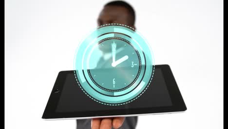 animation of clock moving fast over businessman holding tablet