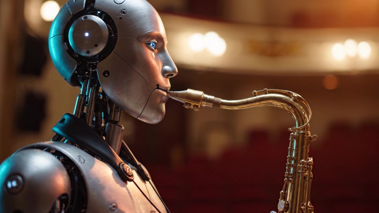A futuristic robot musician passionately plays the saxophone on stage, showcasing the intersection of technology and art in a stunning performance environment.