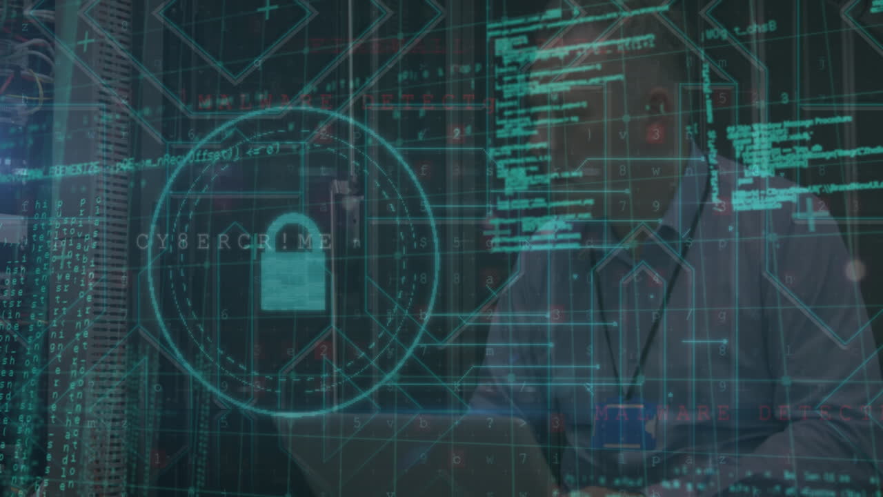 icono de candado de seguridad y procesamiento de datos contra ingeniero masculino caucásico usando computadora portátil