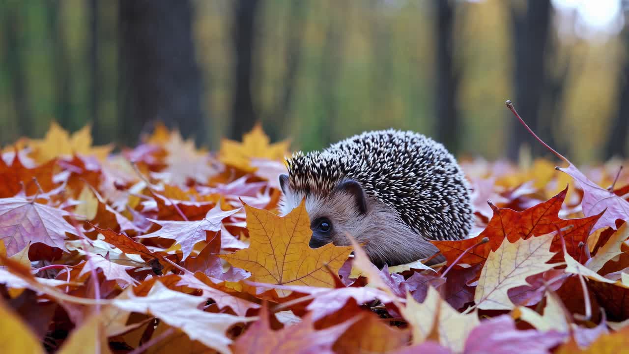 Nahaufnahme eines Videos von einem Igel, der in leuchtenden Herbstblättern kuschelt, aufgenommen auf Augenhöhe