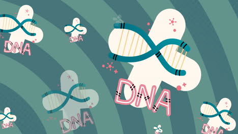녹색 나선형 배경에 대한 다중 dna 텍스트와 구조의 디지털 애니메이션
