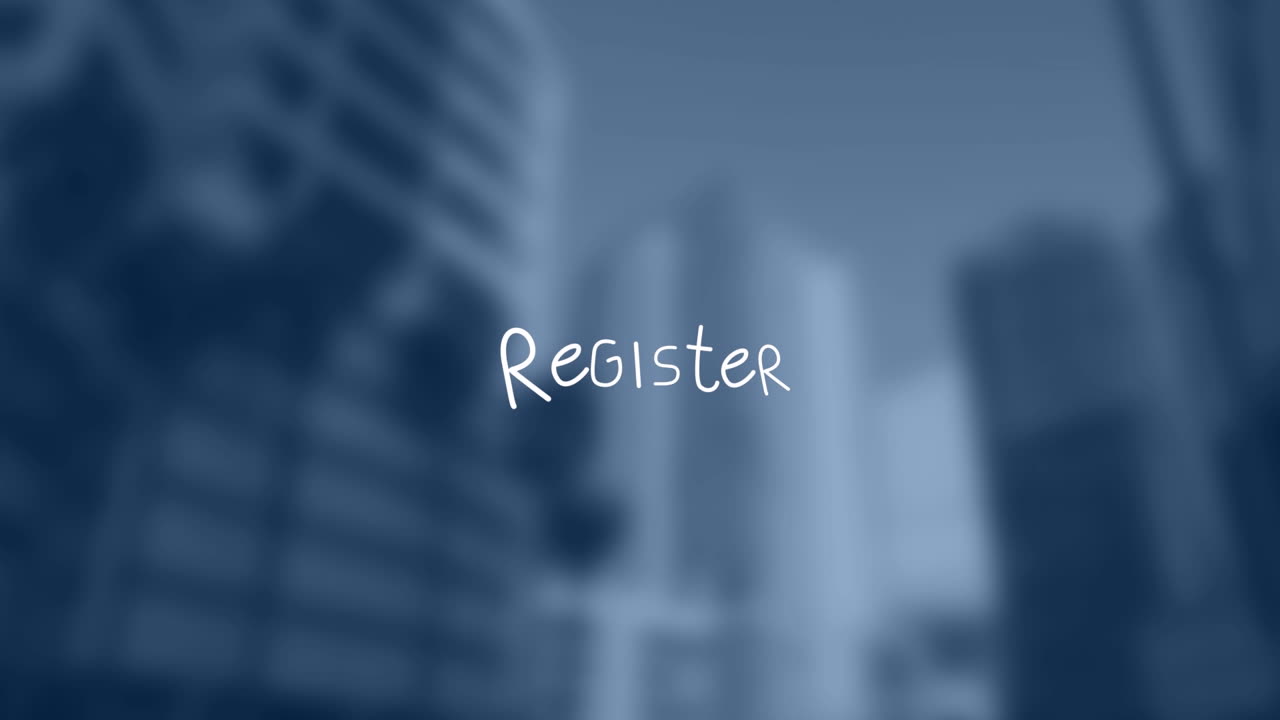 Animation of register text with lines over out of focus cityscape