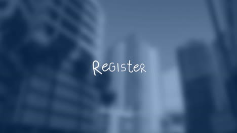 animation of register text with lines over out of focus cityscape